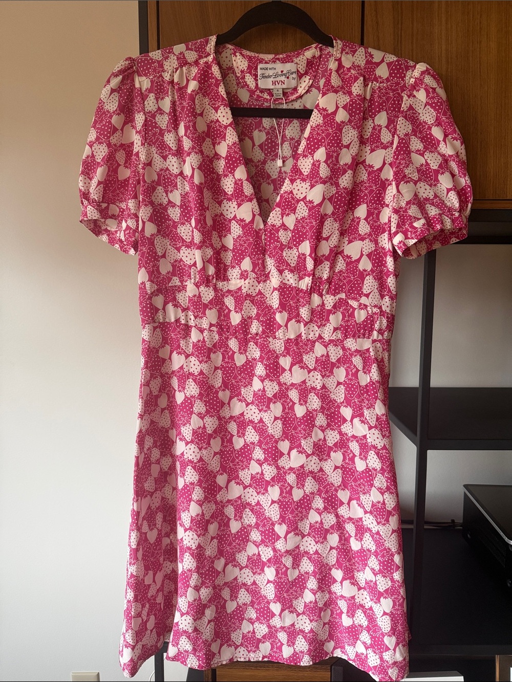 HVN Strawberry Print 100% Silk Mini Dress, Pink & Cream, Size 6